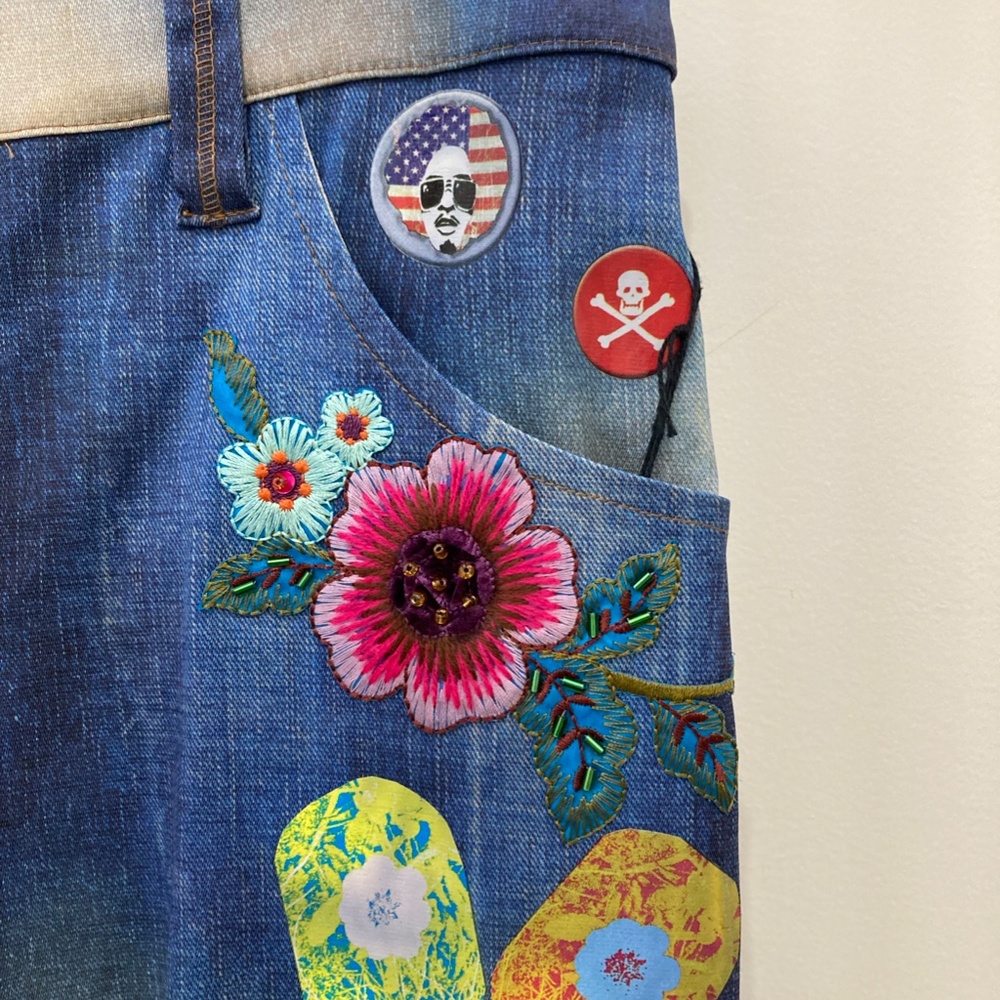 Petit Pois by Viviana G Stretch Denim Look Pant Size S,XL Patches Festival - Picture 5 of 15